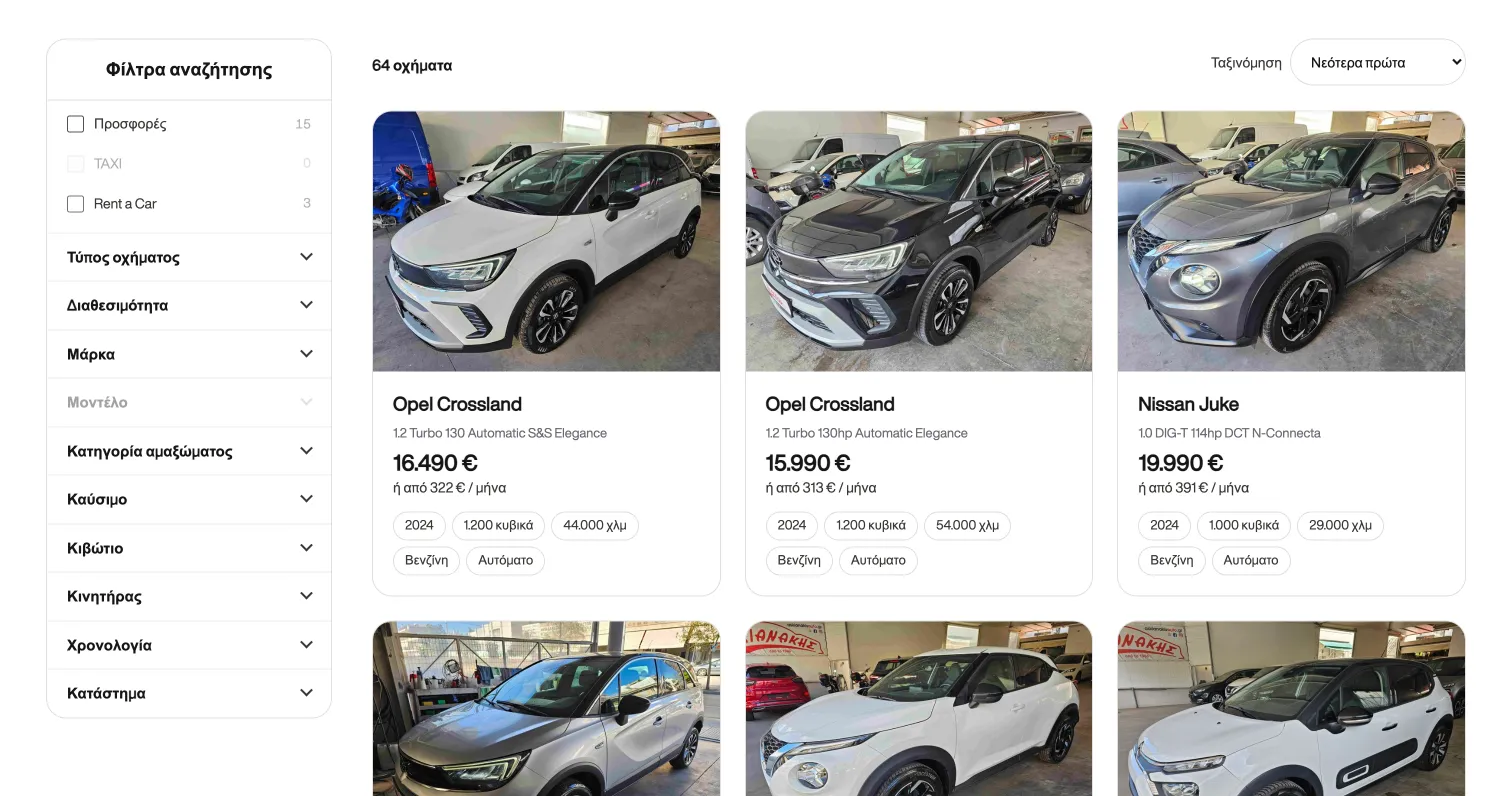 Askianakis Auto inventory page showing 64 vehicles, a sidebar of search filters including offers, rental, vehicle type, brand, model, fuel and gearbox, and vehicle cards with price and monthly financing estimate